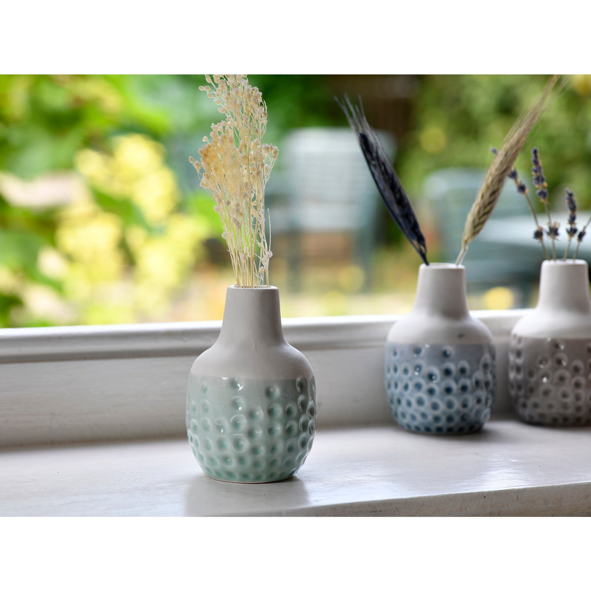 Mini ceramic dot vase cluster, light blue, pale teal and gray, with dried stems