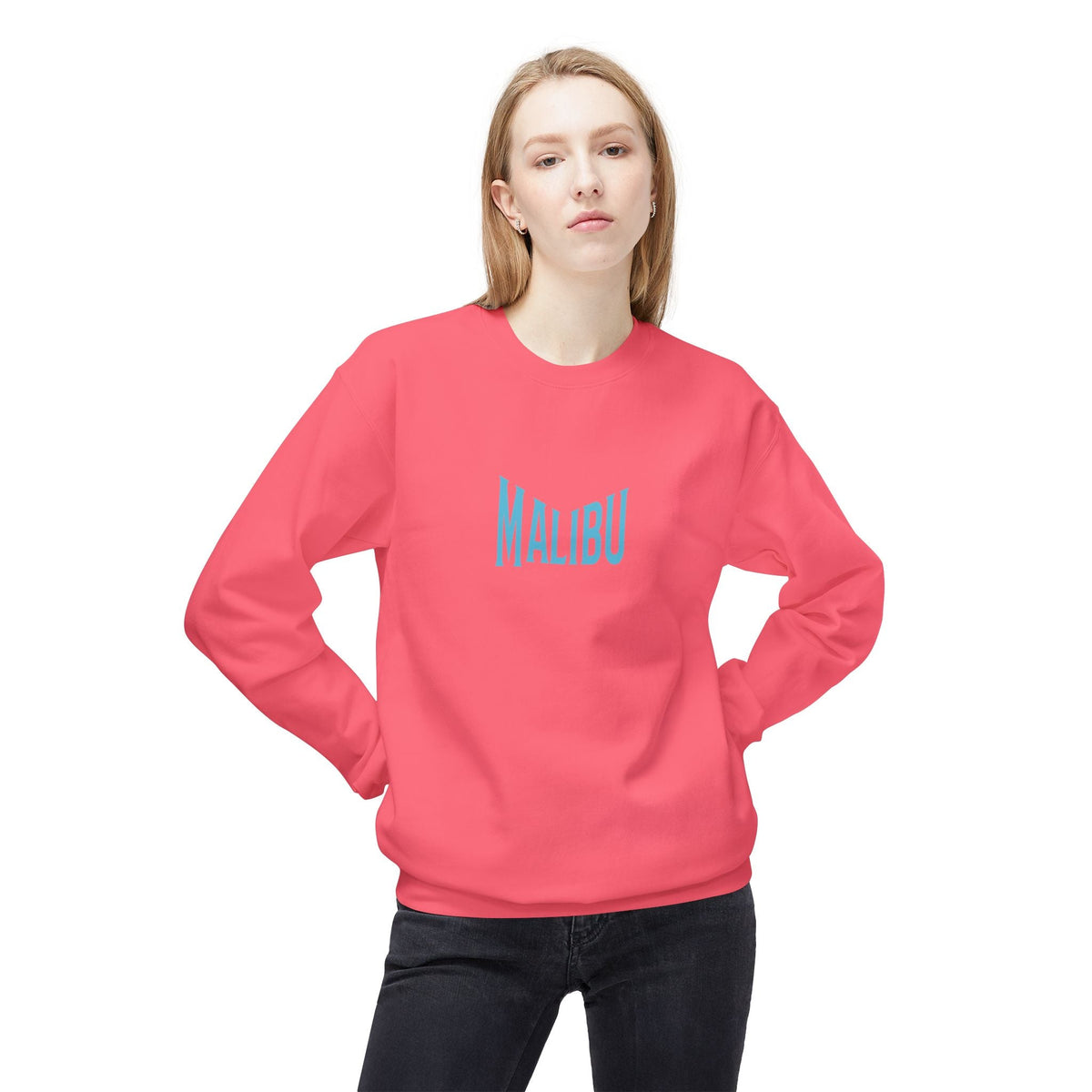 Pink fleece sweatshirt with teal MALIBU graphic, worn by model