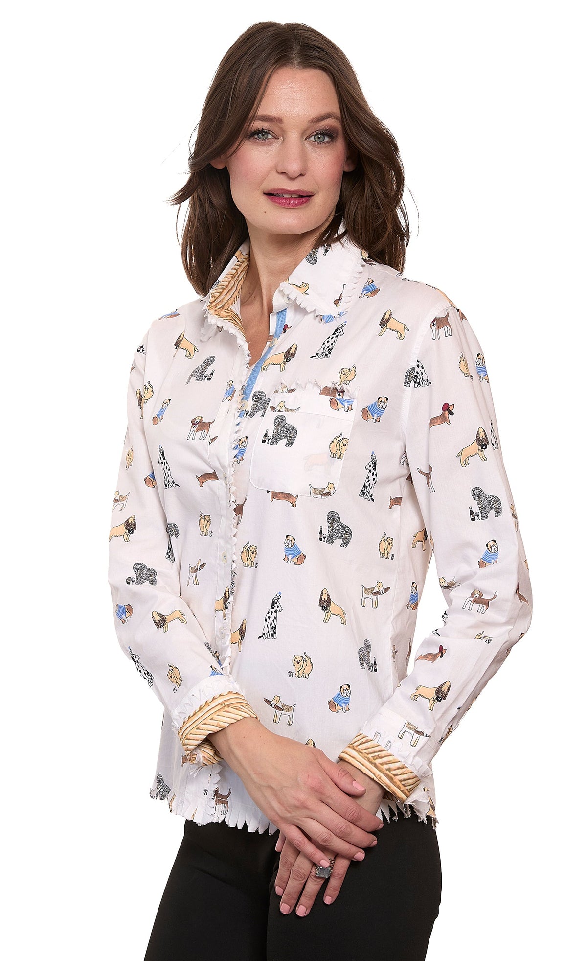 Women’s white dog-print button-up blouse with ruffled hem and long sleeves