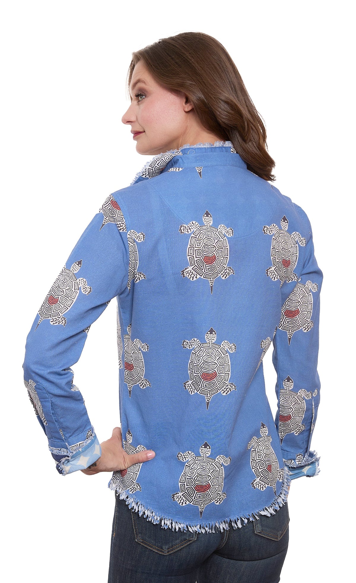 Blue turtle-print button-up top, rear view, with long sleeves and fringe hem