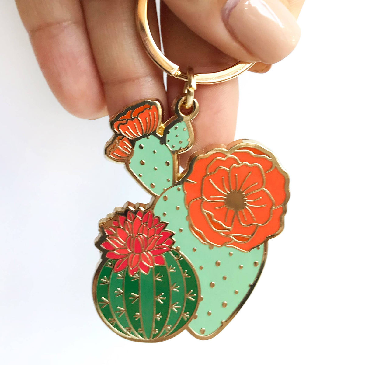 Enamel cactus keychain with orange and red flowers, gold split ring