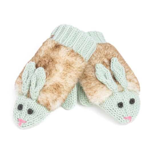 Warm Knit Winter Mittens for Girls Ages 3-12 Years, Double-Layered, Fun Bunny Rabbit Design for Children, Toddler to Big Kids