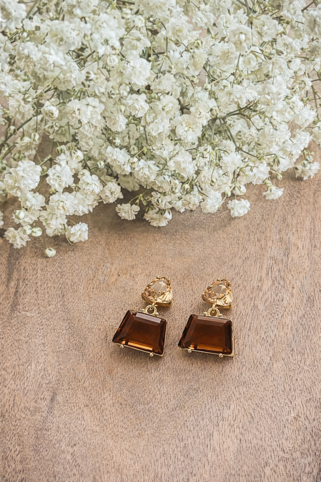 Gold-tone square brown crystal earrings with small hoop tops