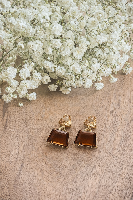 Gold-tone square brown crystal earrings with small hoop tops