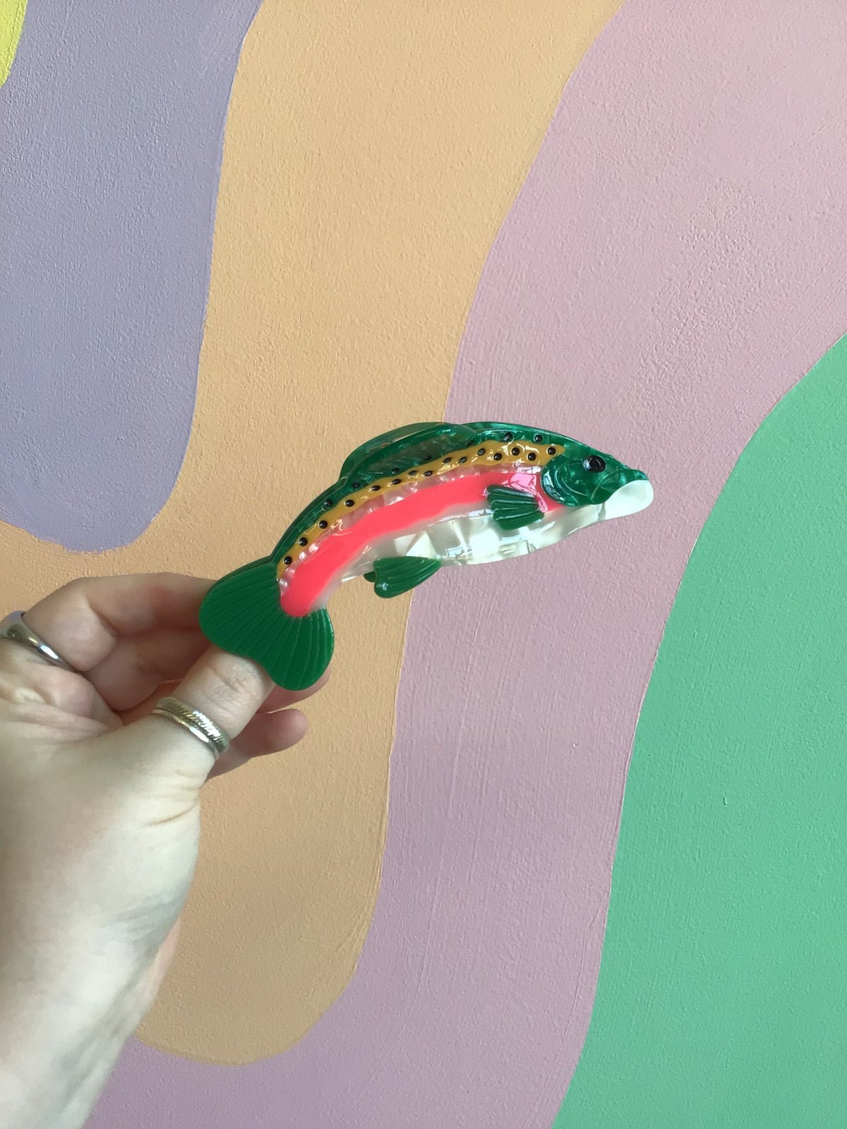 Fish-shaped hair claw clip with green body, pink stripe, and clear fins