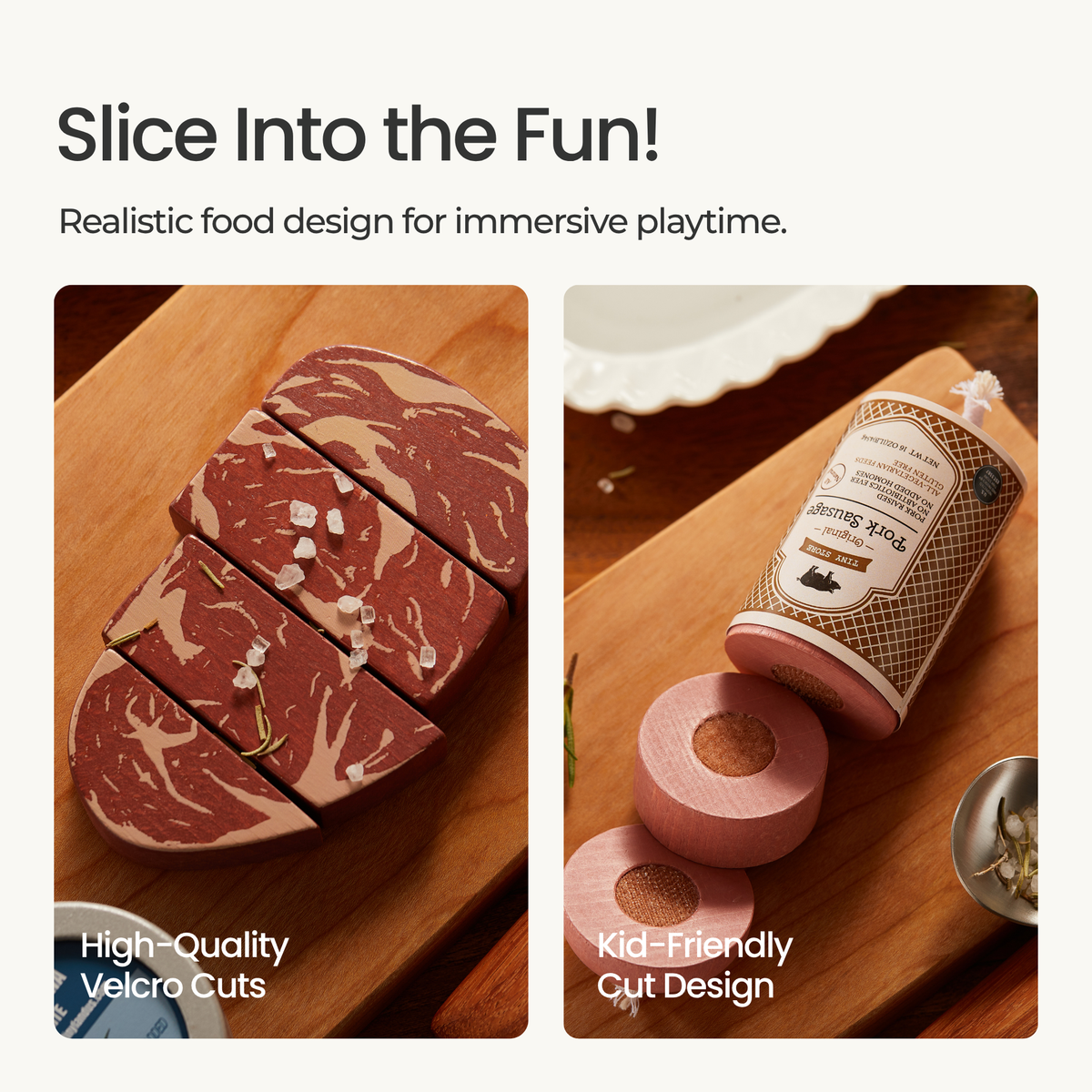 Sliced bacon toy pieces and labeled meat roll package for organic play