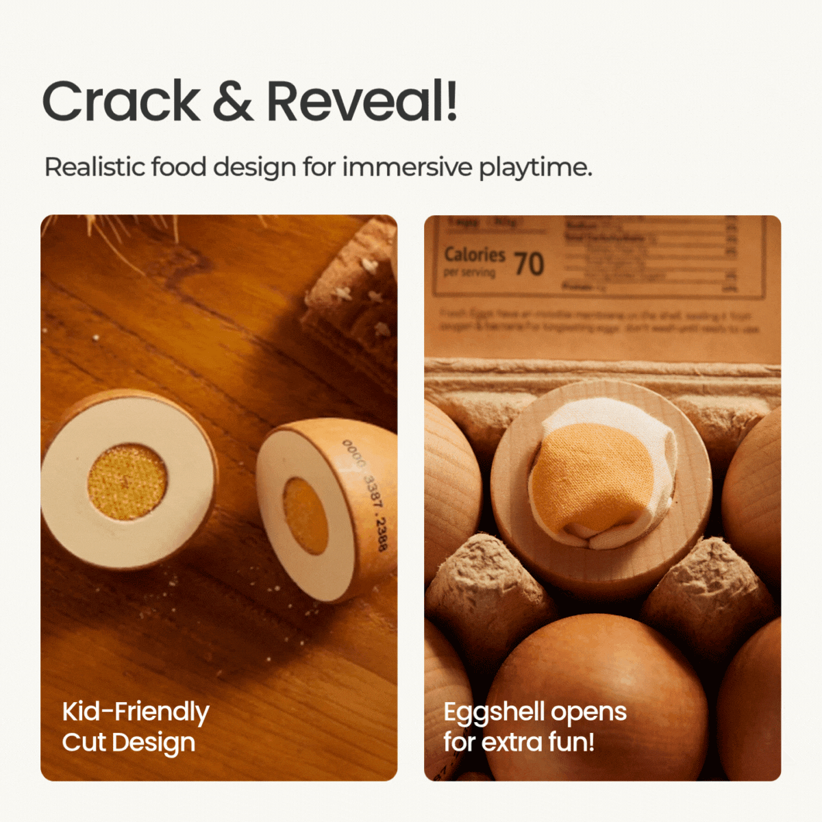 Close-up of wooden cut eggs with yellow centers and a cracked egg revealing its interior.