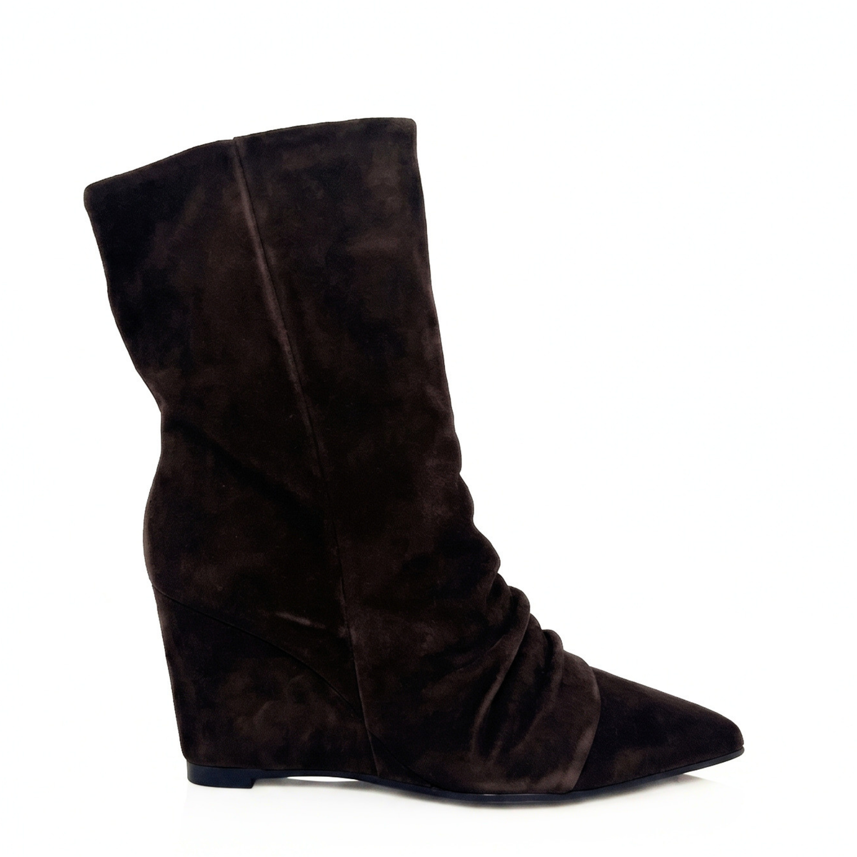 Dark brown suede slouch wedge boots, angled side view with low wedge heel