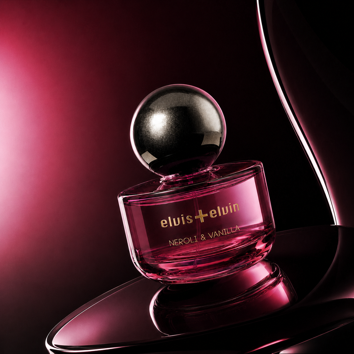 Neroli & Vanilla parfum bottle with black spherical lid and pink glass, elvis+elvin