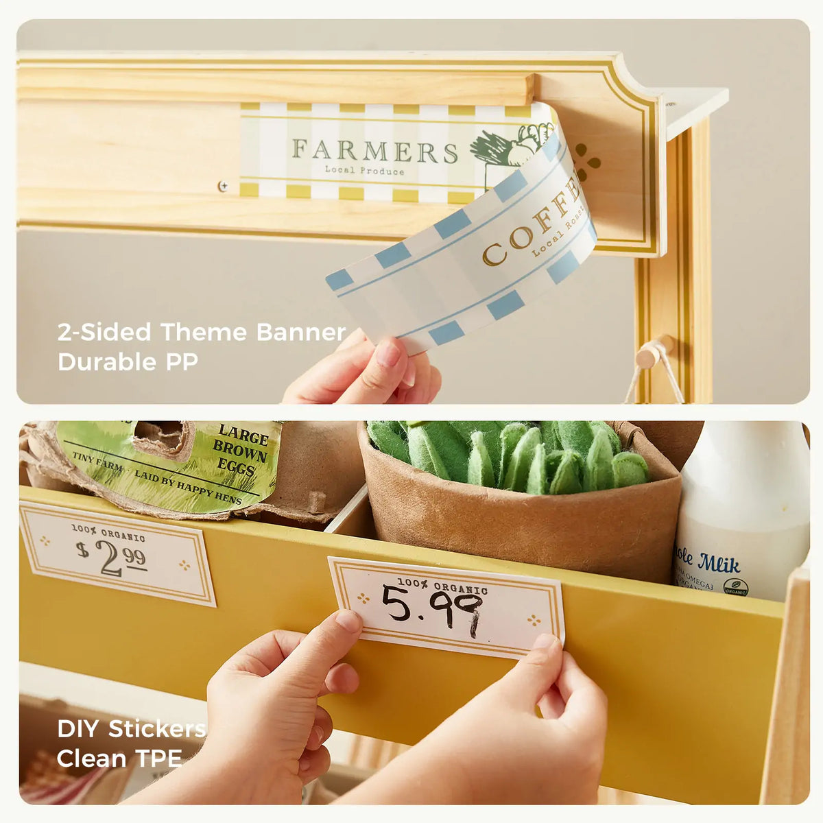 Grocery store playset with reversible theme banner and removable price stickers.