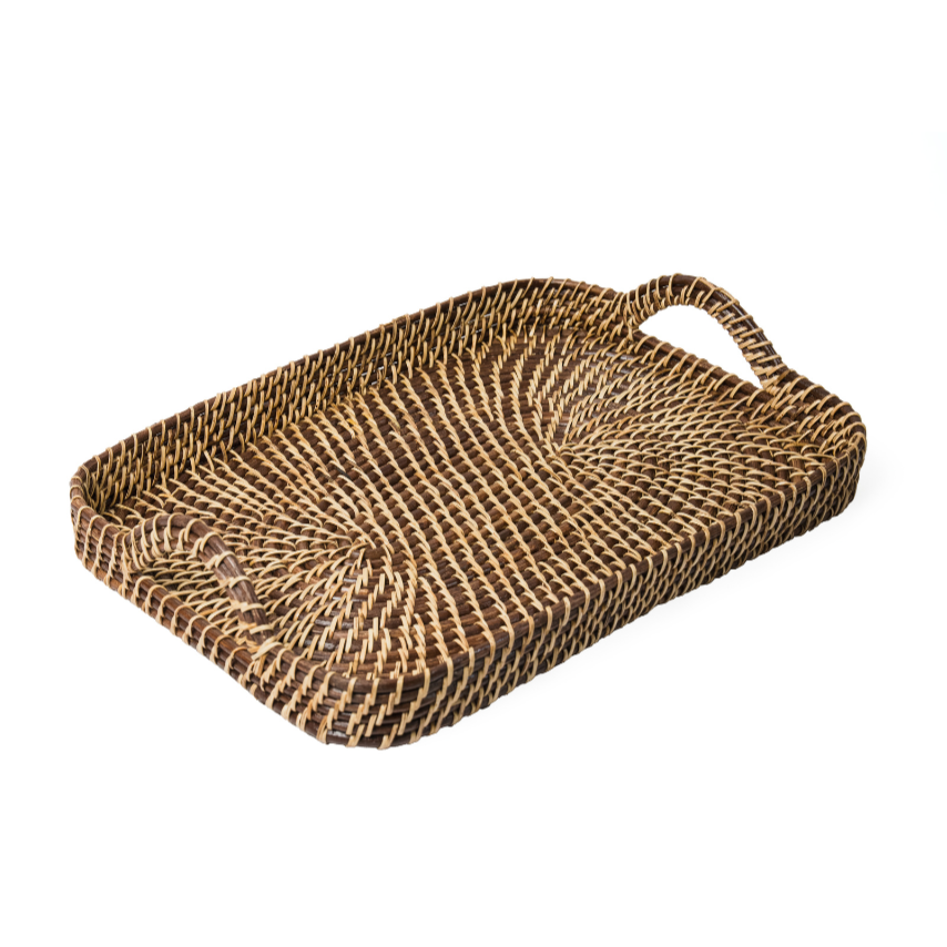 Woven rectangle serving tray with carrying handle, tan and dark brown weave