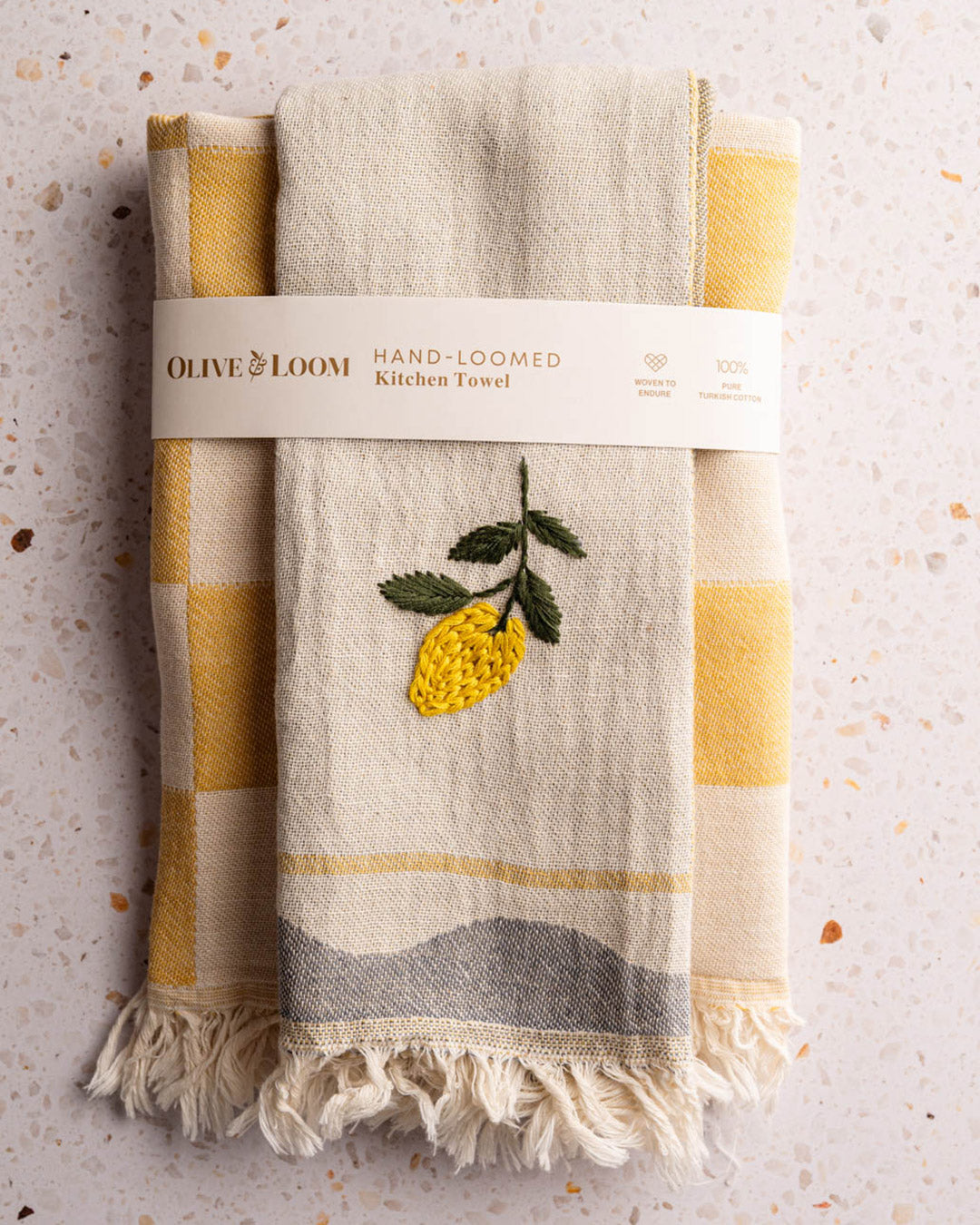 Hand-loomed kitchen towel set, lemon embroidery, yellow border, fringed edges