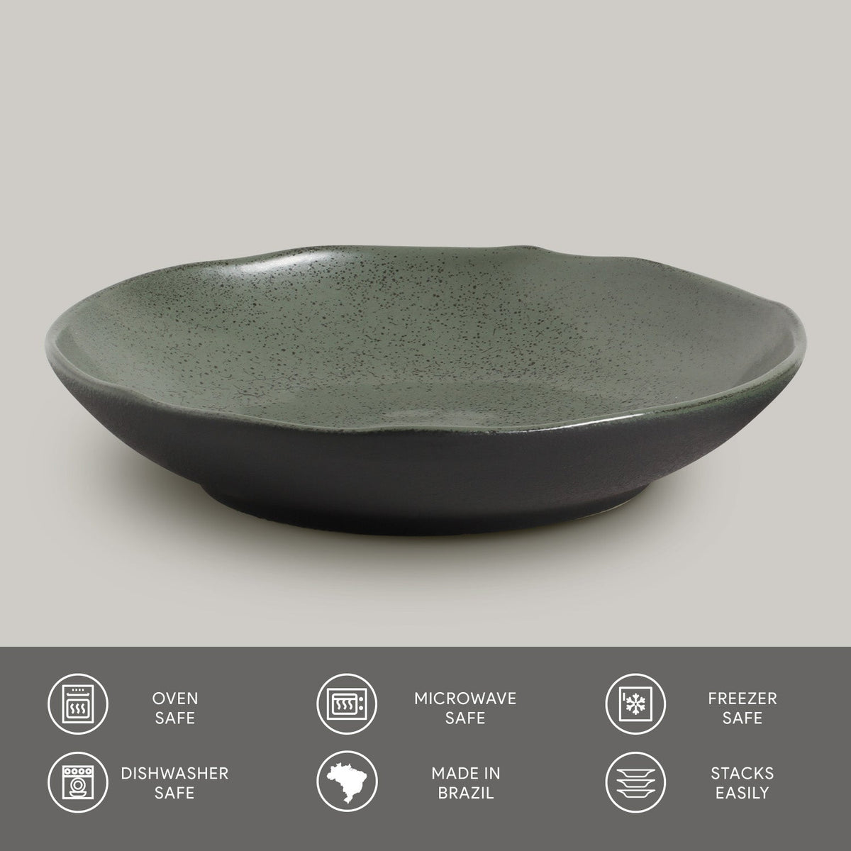 Reactive glazed pasta plate with shallow rim, dark olive green tone