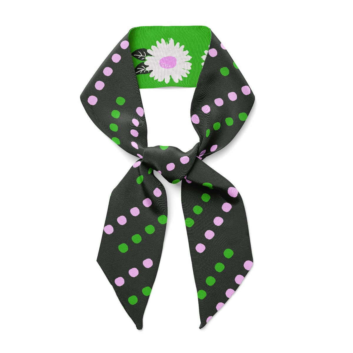 Black twilly scarf with green and pink polka dots and daisy flower print