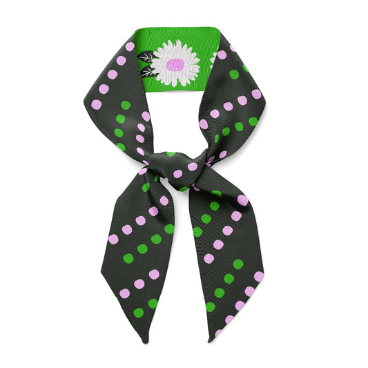 Black twilly scarf with green and pink polka dots and daisy flower print