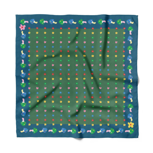 Cotton-silk bandana in teal with colorful mushroom floral pattern, square scarf