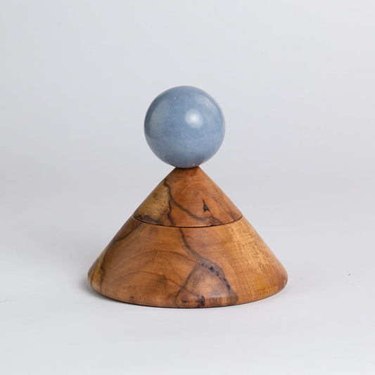 Incense cone holder with blue stone sphere and carved wooden base