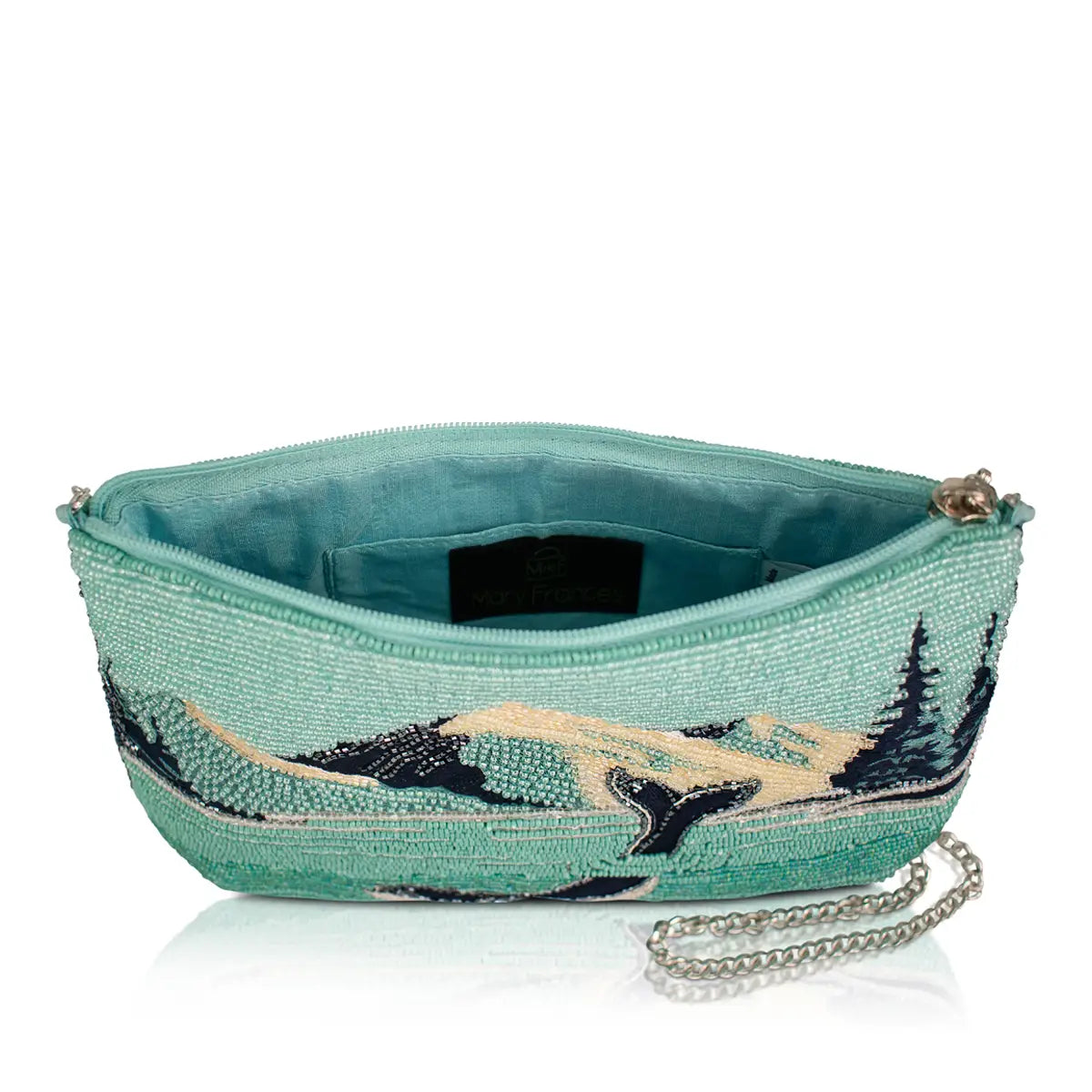 Open turquoise beaded handbag with fabric lining and chain strap, mountain and whale front