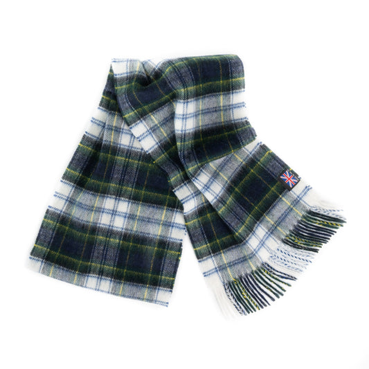 Tartan merino lambswool scarf with green, navy, and white plaid; fringed ends