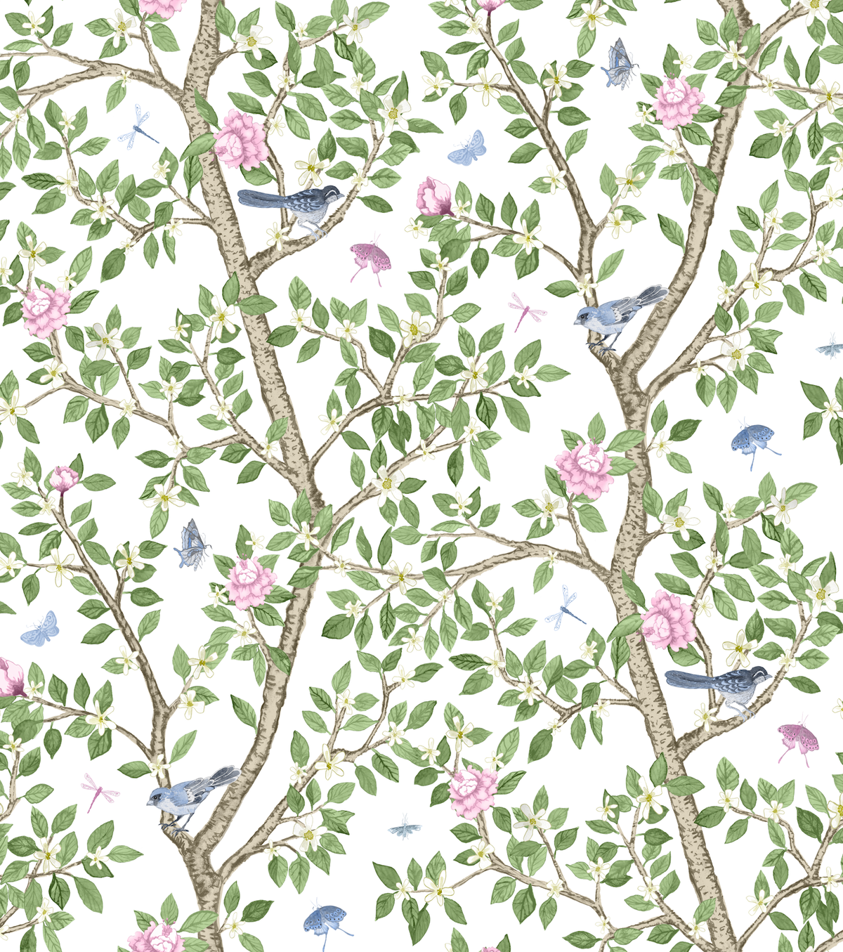 Close-up of enamel garden artwork with blue birds, pink flowers, and green leaves