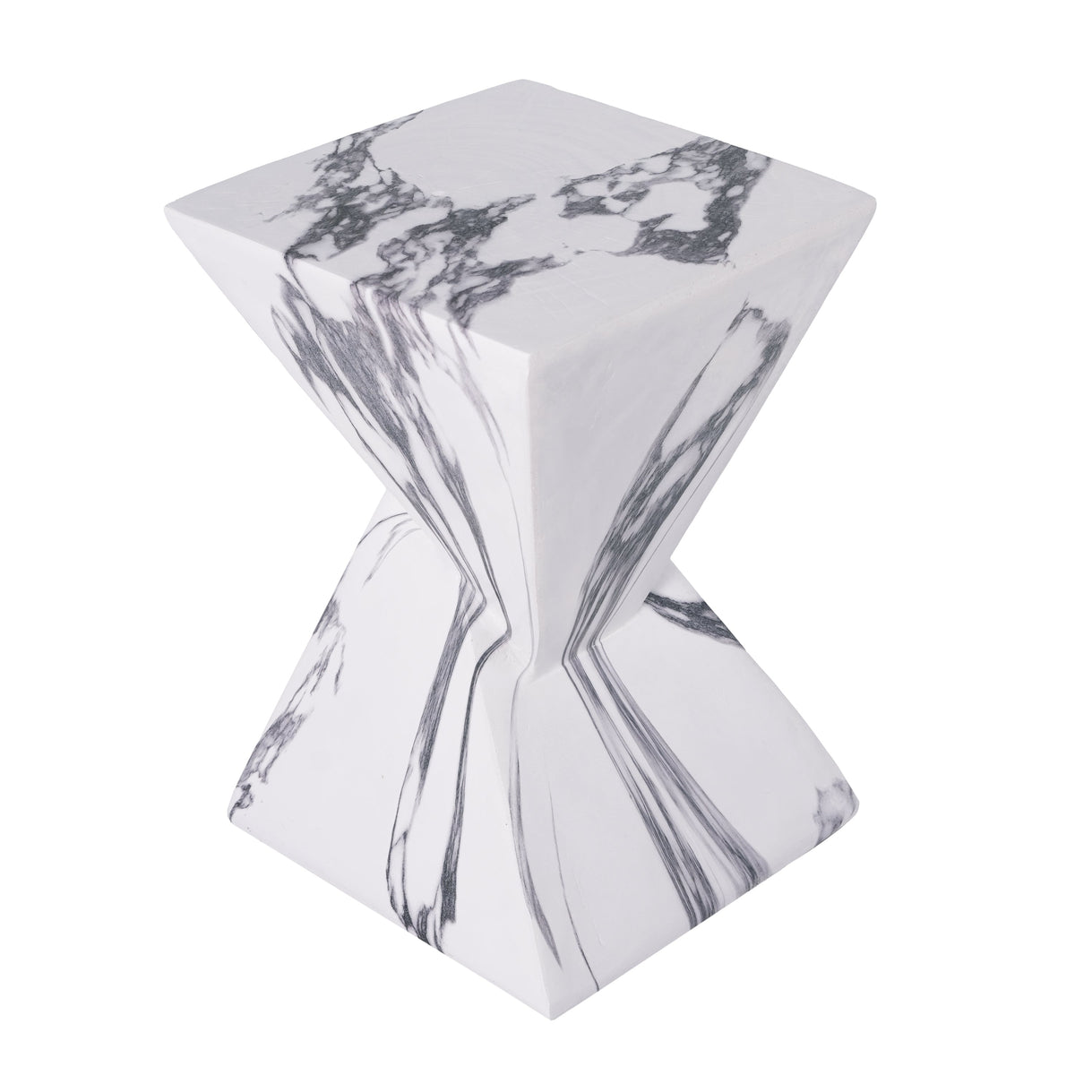 Sculptural concrete side table with a square top and gray marble-like veining