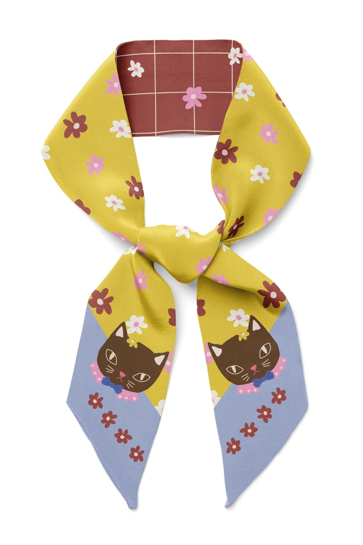 Cat and flower twilly scarf, maroon, yellow, and light-blue blocks with grid lines