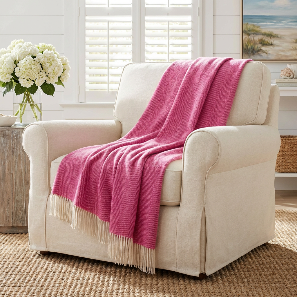 Pink herringbone throw draped over armchair with cream fringe