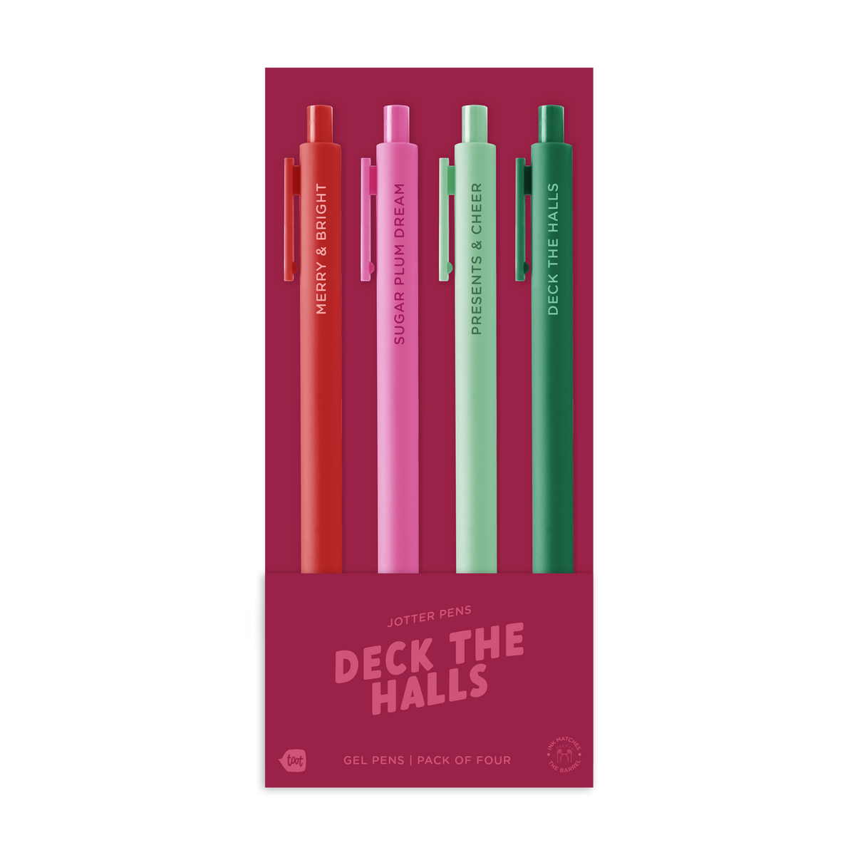 Deck the Halls four-pack of gel pens in red, pink, pale green, and dark green