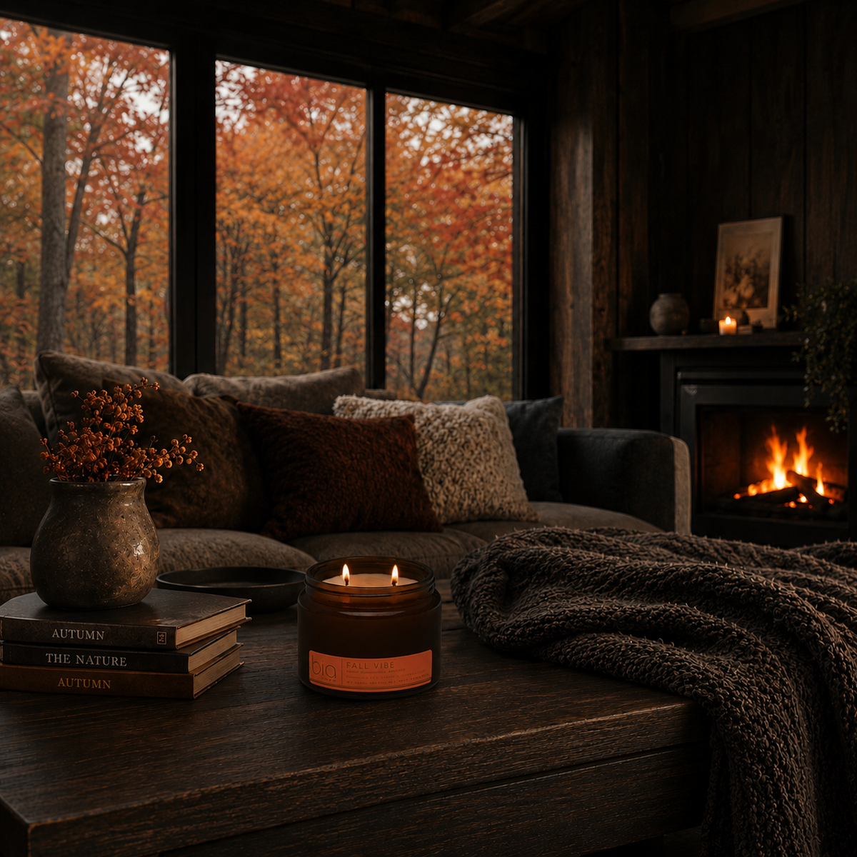 Amber jar candle on a wooden table with a lit flame