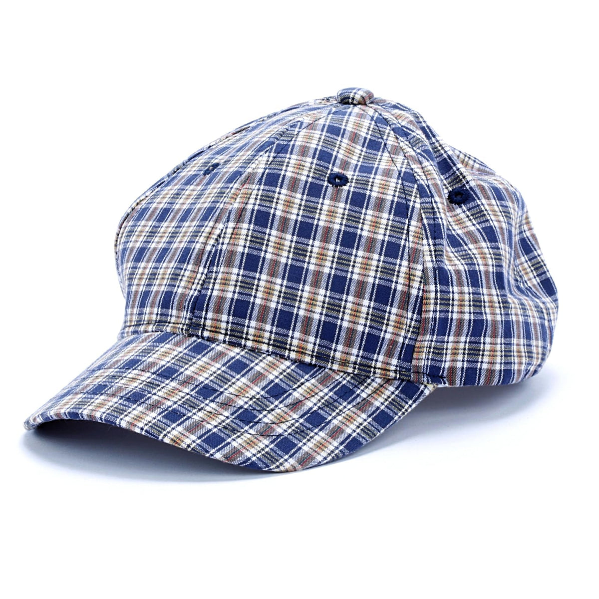 Children's blue plaid cotton baseball cap with curved brim and top button