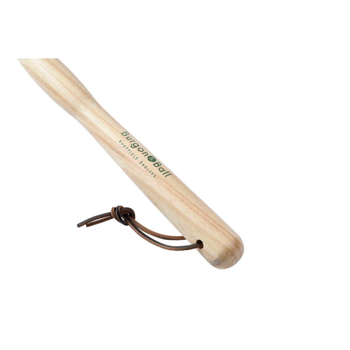 Natural wood handle end with brand text and leather tie for stainless claw cultivator