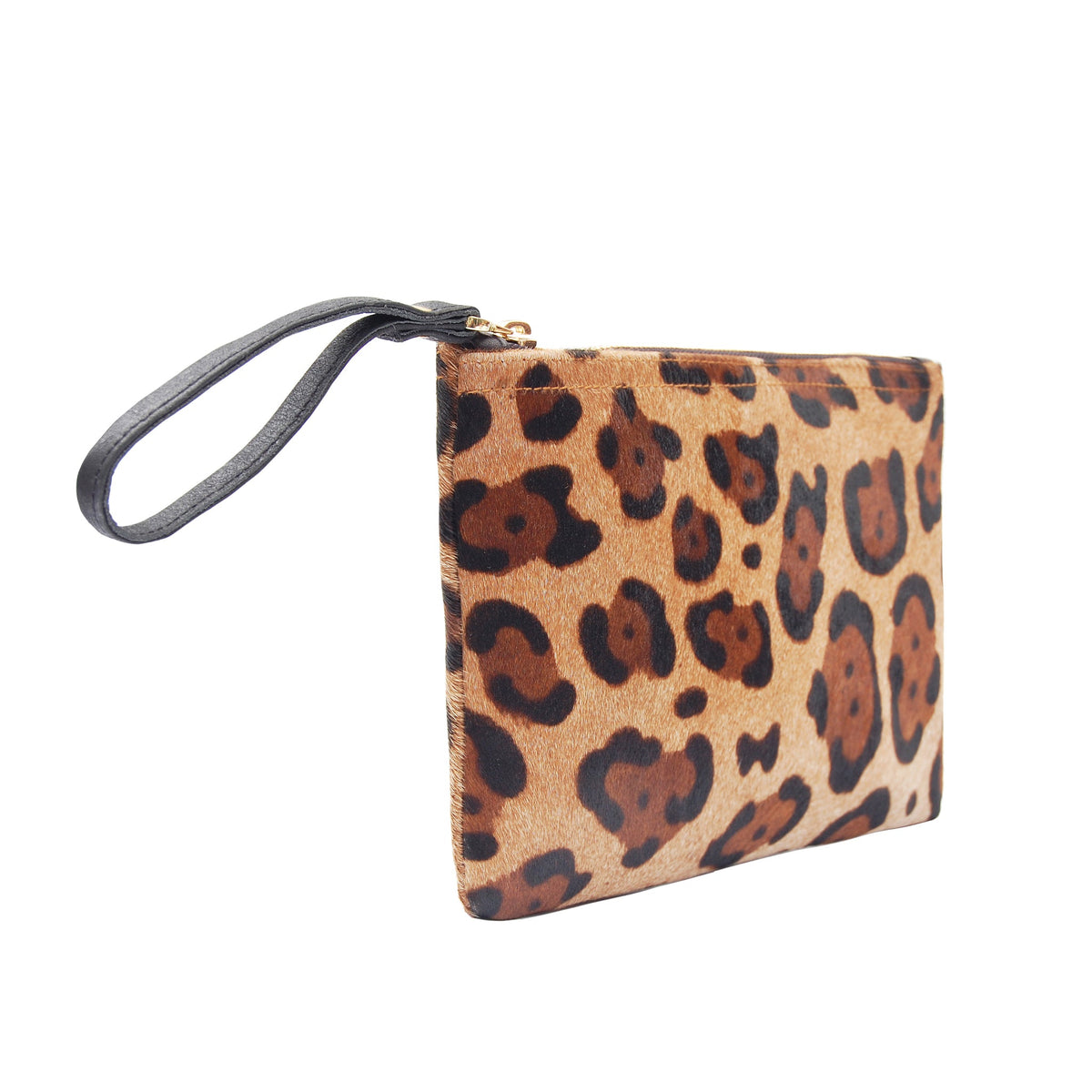 Leopard-print wristlet clutch with black wrist strap and gold hardware
