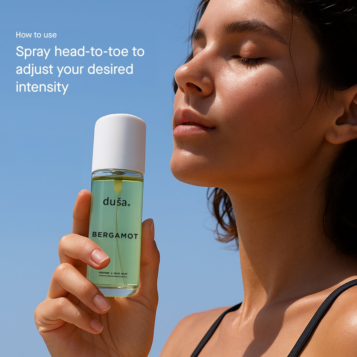 BERGAMOT perfume mist hair and body bottle held by woman