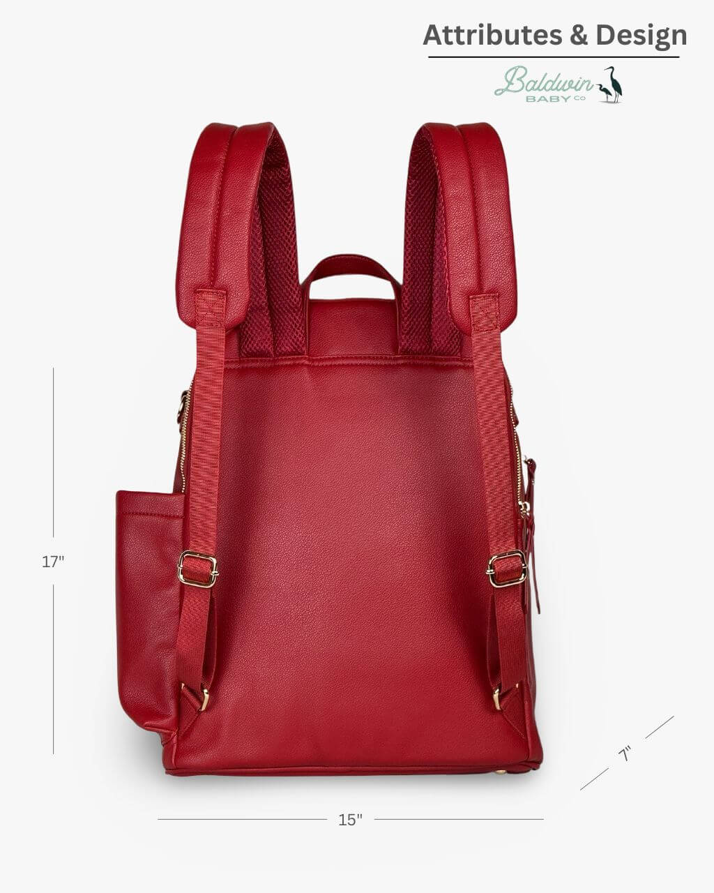 Back of the crimson diaper backpack, showing adjustable shoulder straps and gold-tone hardware.
