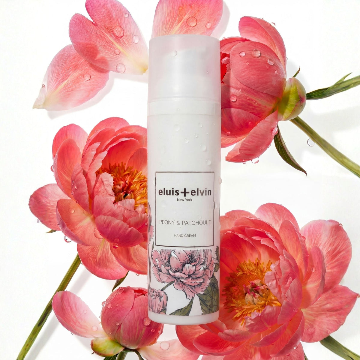 elvis+elvin hand cream bottle with peony & patchouli label