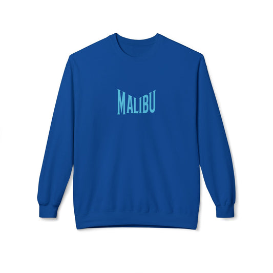 Fleece sweatshirt in royal blue with teal MALIBU graphic on front