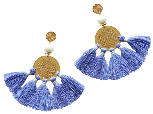 Periwinkle-blue tassel drop earrings with gold medallion and white bead accents