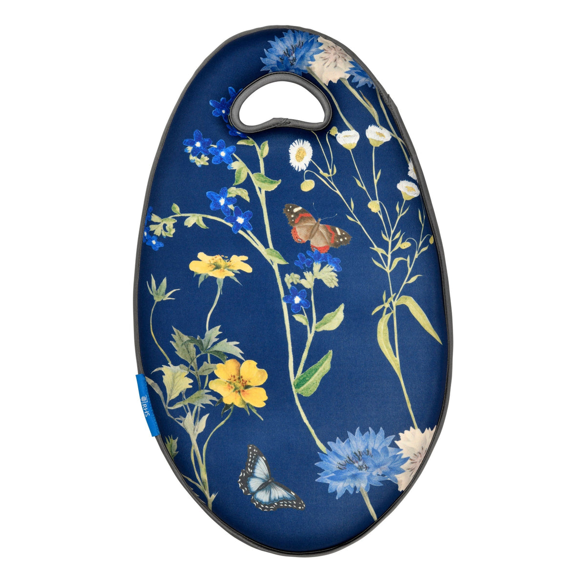 Oval blue gardening kneeler pad with handle cutout and meadow butterfly floral print