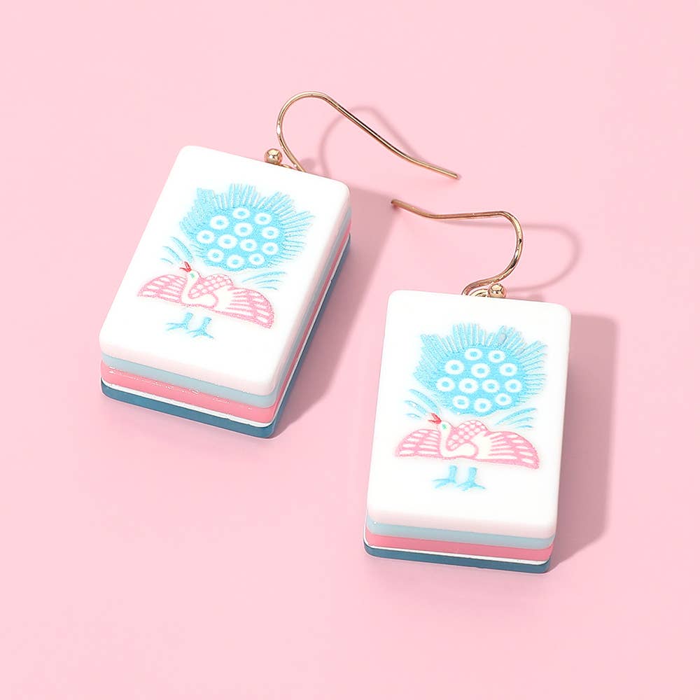 Mahjong tile drop earrings with white square tiles, blue/red graphics, gold hooks