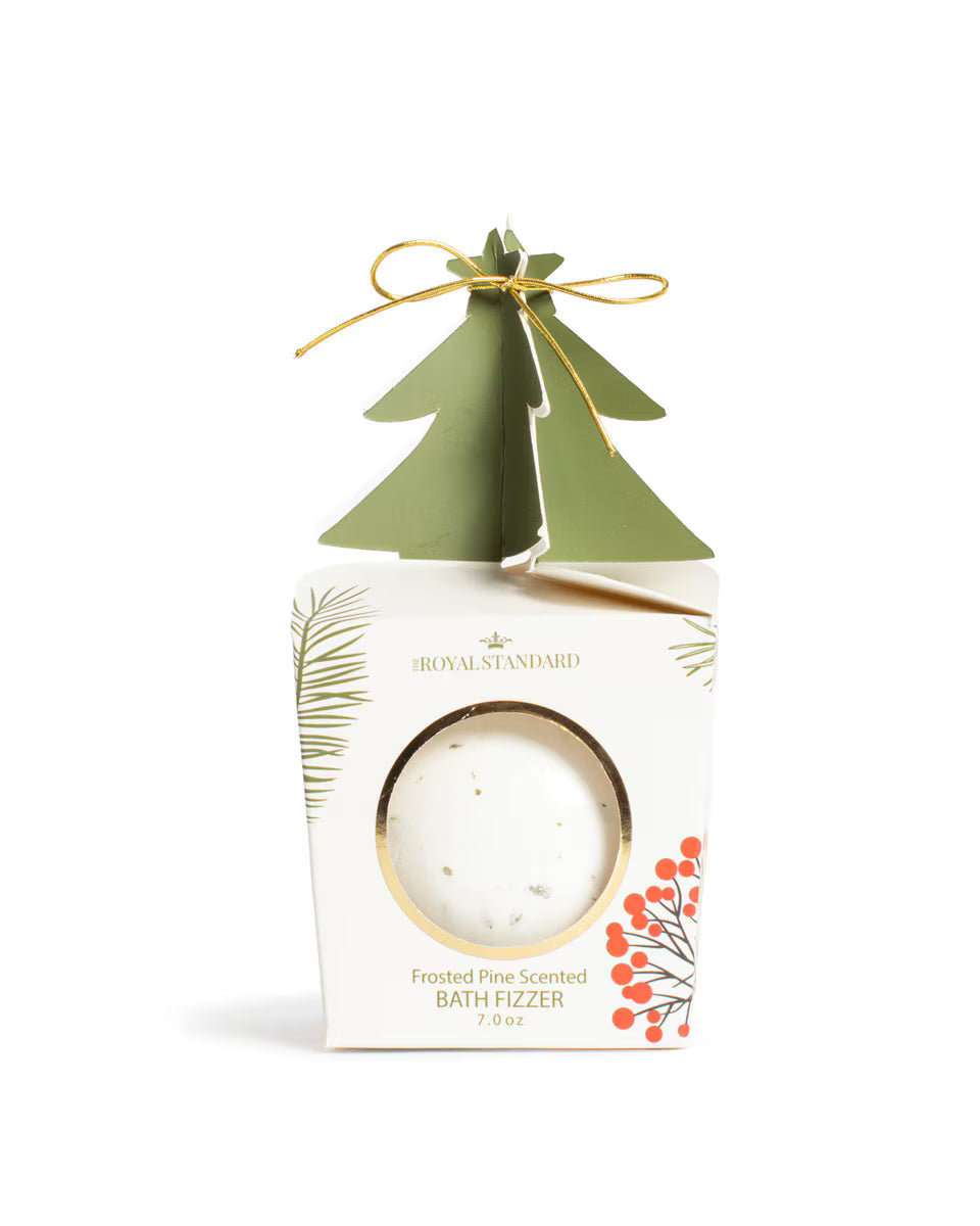Frosted pine scented bath fizzer in white gift box with bow and window