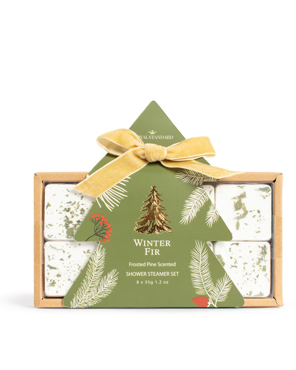 Winter fir shower steamer set in cardboard box with green top and ribbon