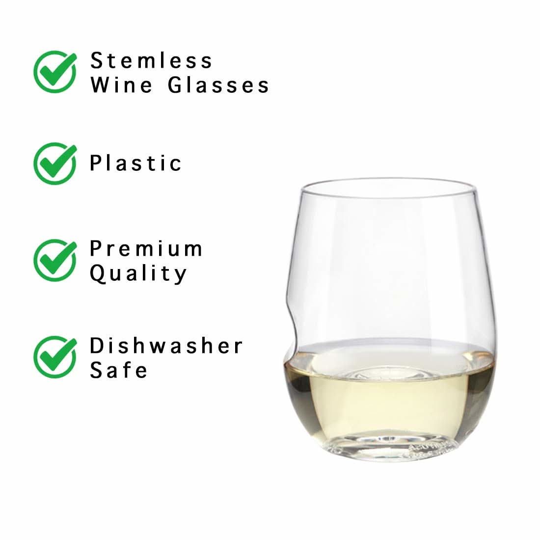 Clear 12 oz stemless wine glass, transparent cup with curved sides