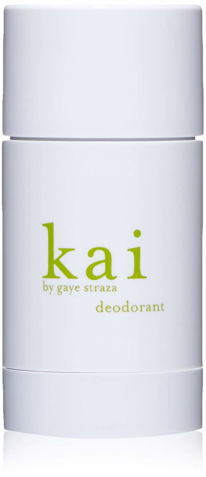 White deodorant stick with green kai logo on front label