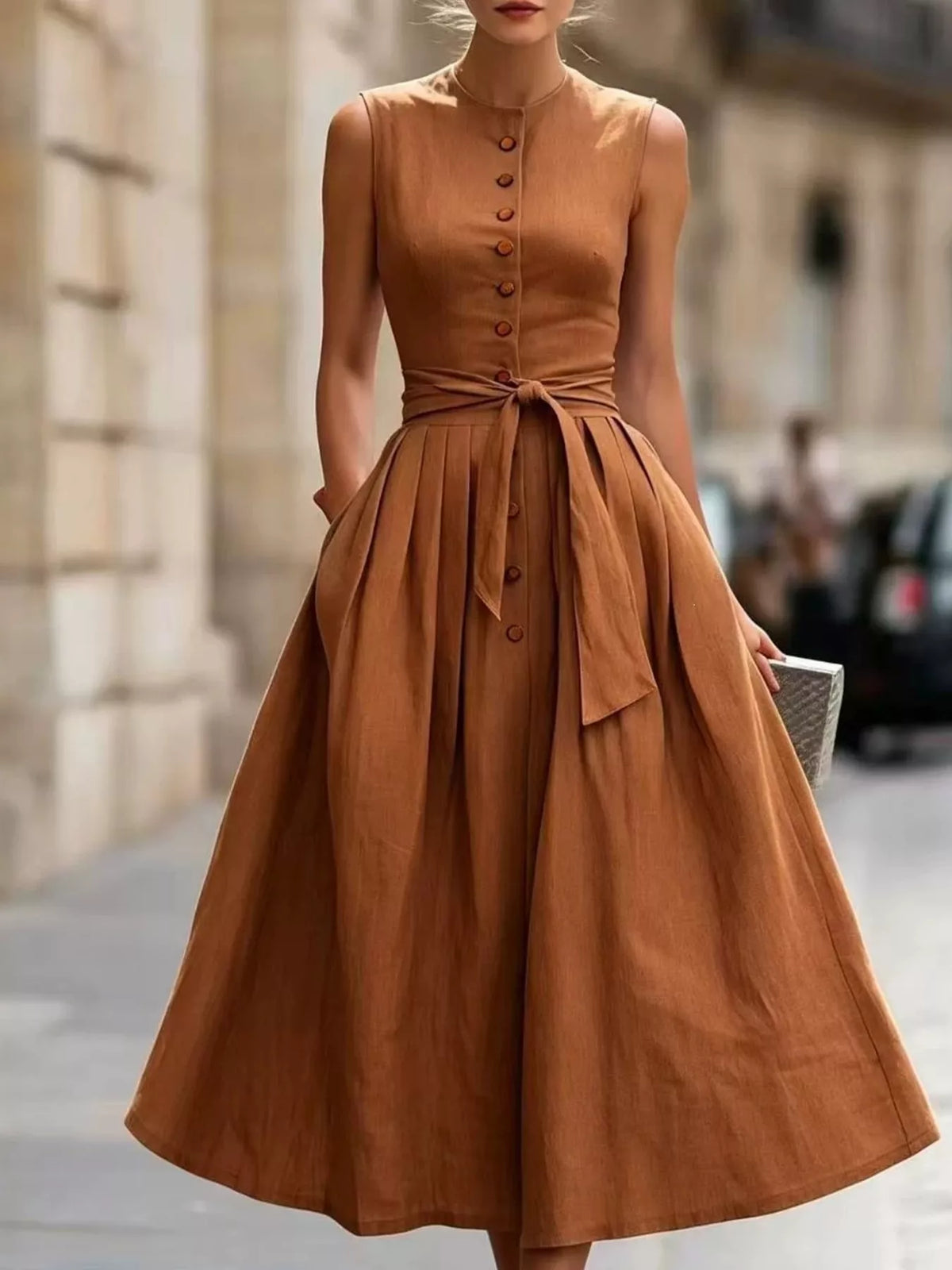 Vintage-Inspired Belted Sleeveless Midi Dress