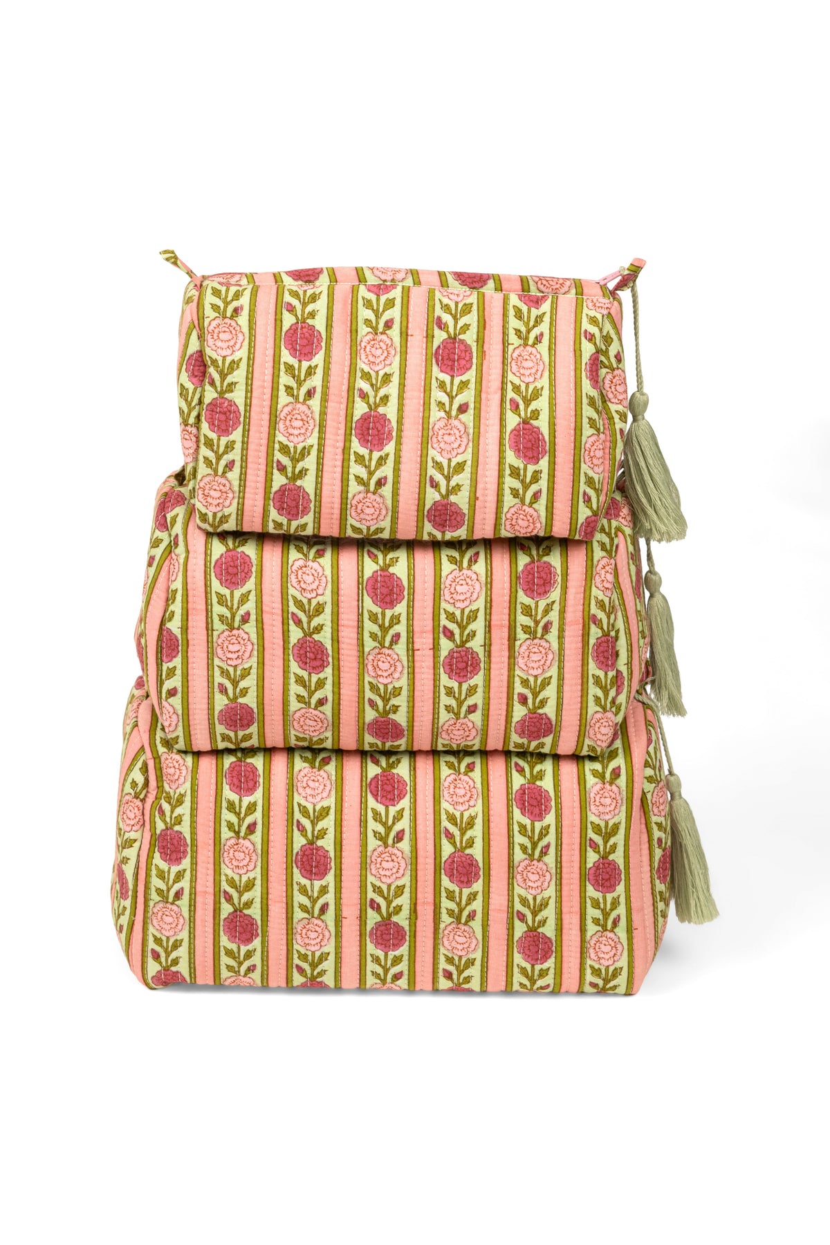 Striped makeup bag set with tassels, stacked two-piece design in pink and green