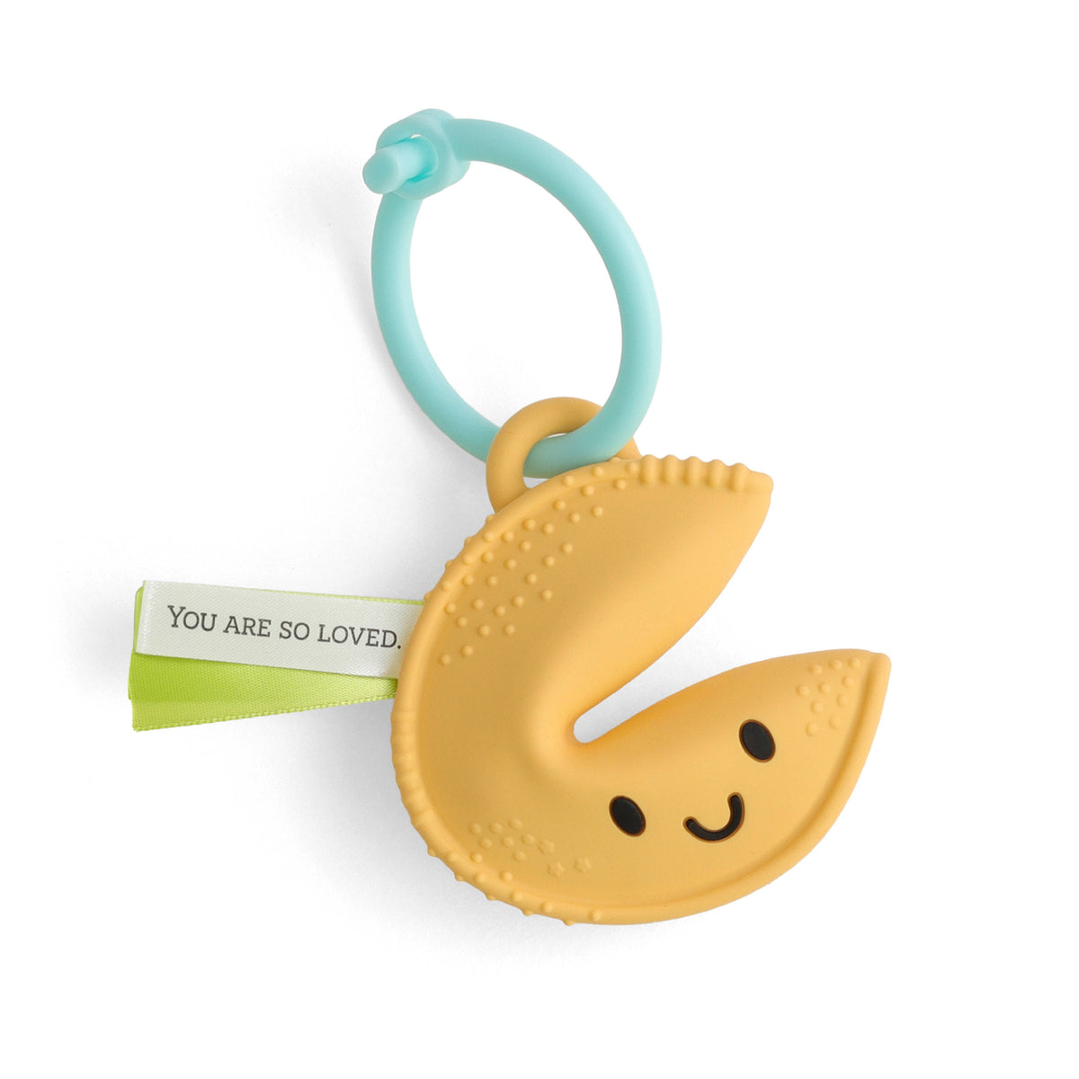 Fortune-cookie shaped silicone baby teether with blue ring and green ribbon