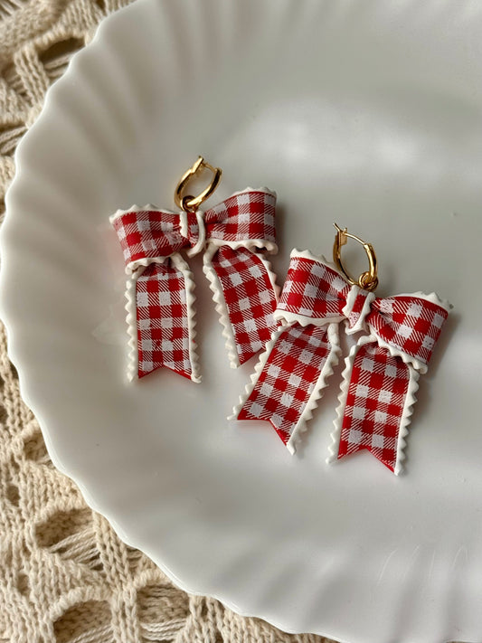 Red gingham bow earrings with gold hoop hooks