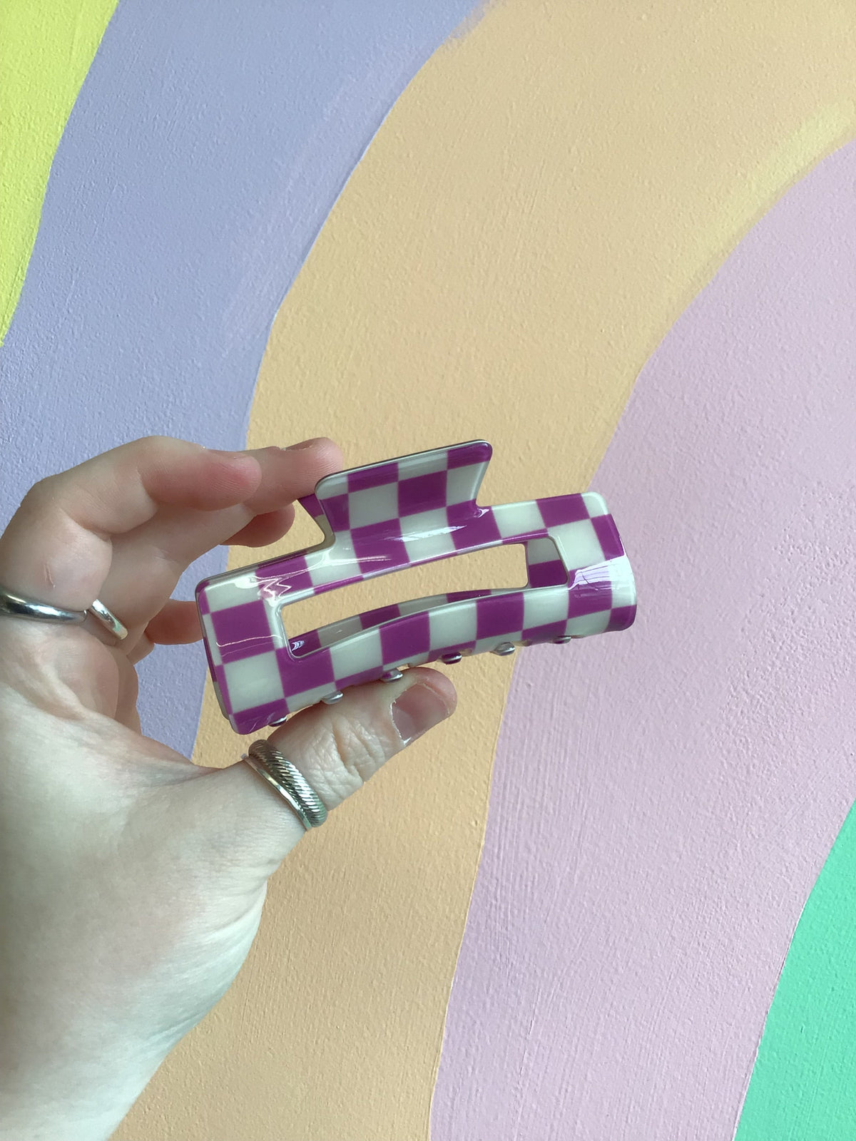 Purple checker hair claw with rectangular shape