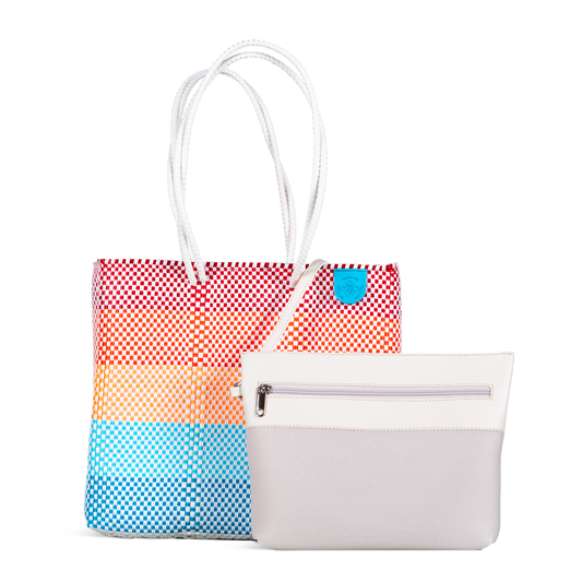 Woven tote with red and blue check pattern, white handles; includes zip pouch