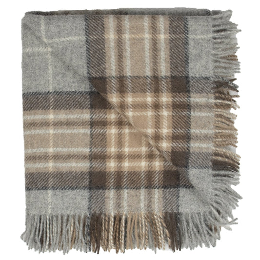 Plaid wool throw with fringed edges, gray and tan blocks